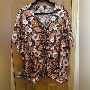 Cato Retro Floral Ruched Front Brown, Peach and Pink Blouse Sz 26/28